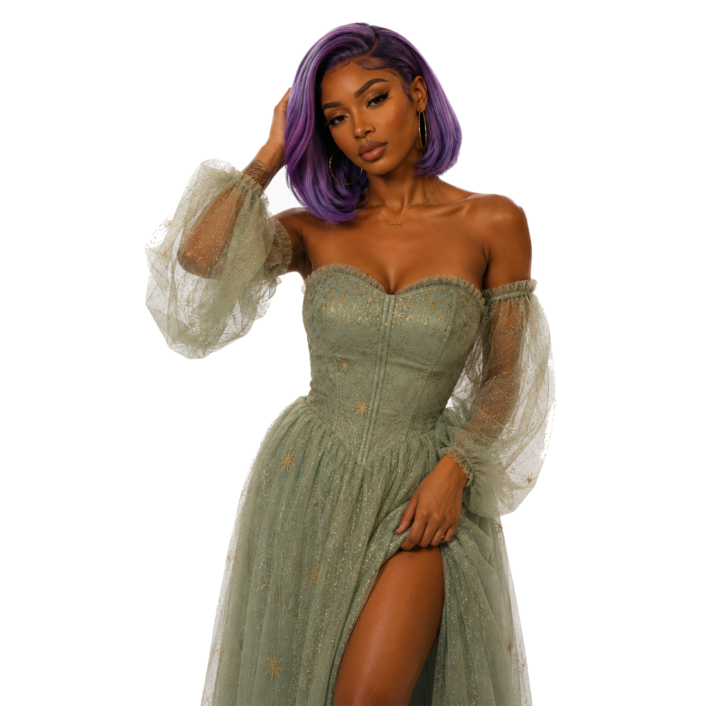 Astrolaé in a sage tulle gown with purple bob