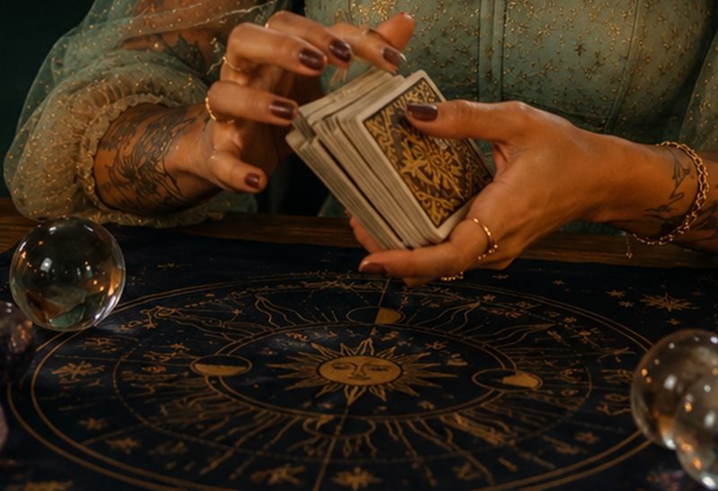 Zodiac altar cloth with tarot cards