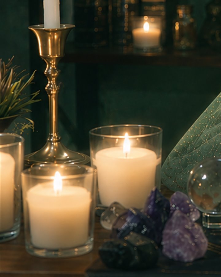 Candles and amethyst crystals on the altar