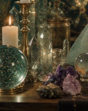Crystal ball and candle on the altar