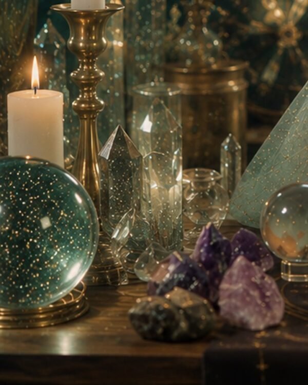 Crystal ball and candle on the altar