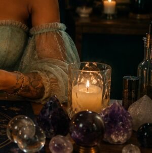 Candle and amethyst crystals