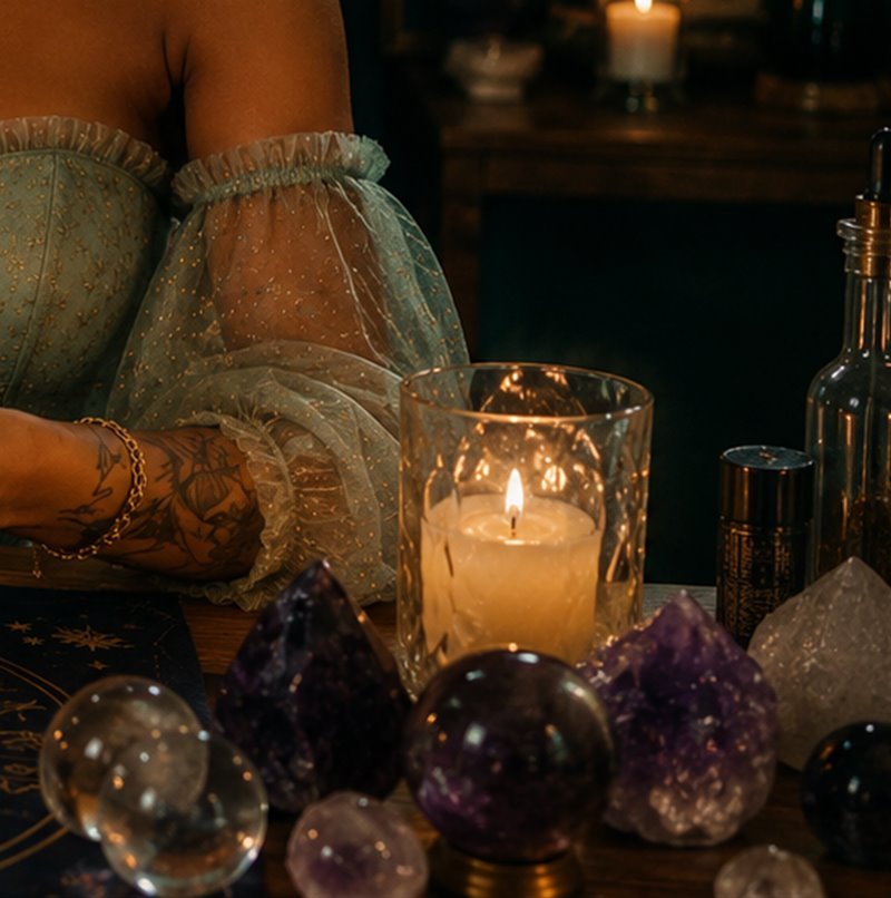 Candle and amethyst crystals