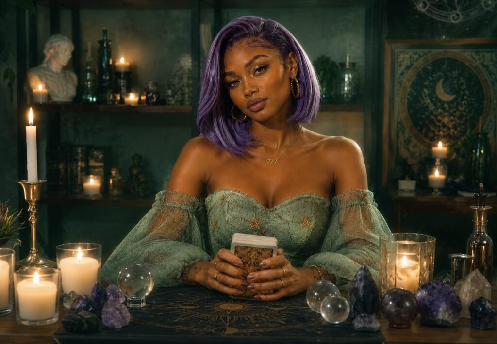 Astrolaé holding a deck of tarot cards