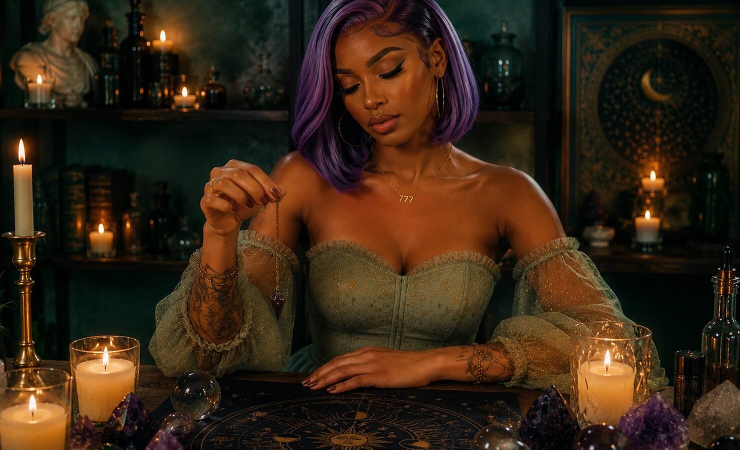 Astrolaé holding an amethyst pendulum
