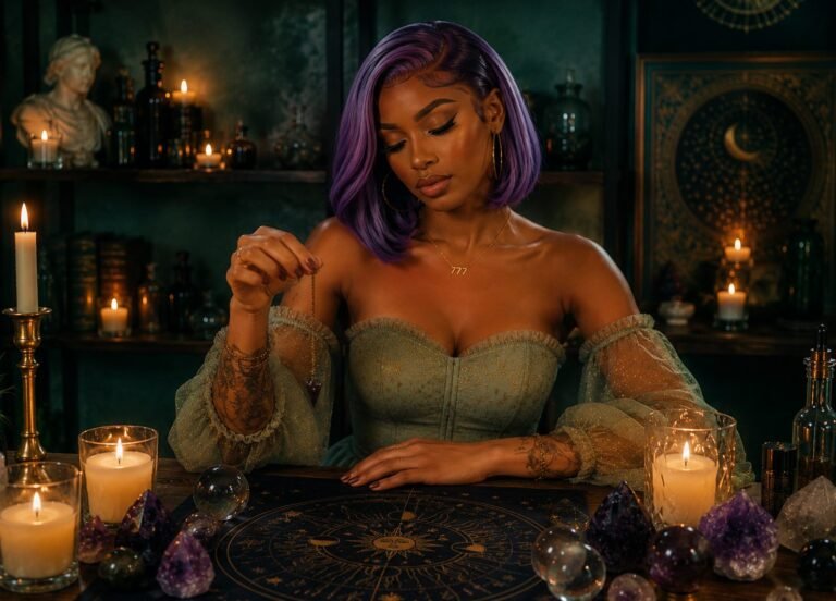 Astrolaé holding an amethyst pendulum