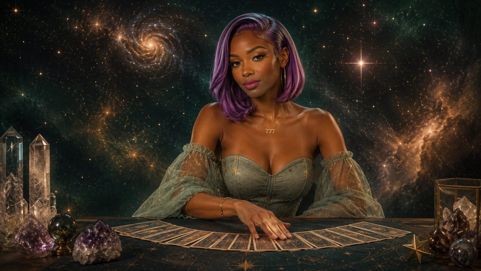 Tarot spread on the table with crystals